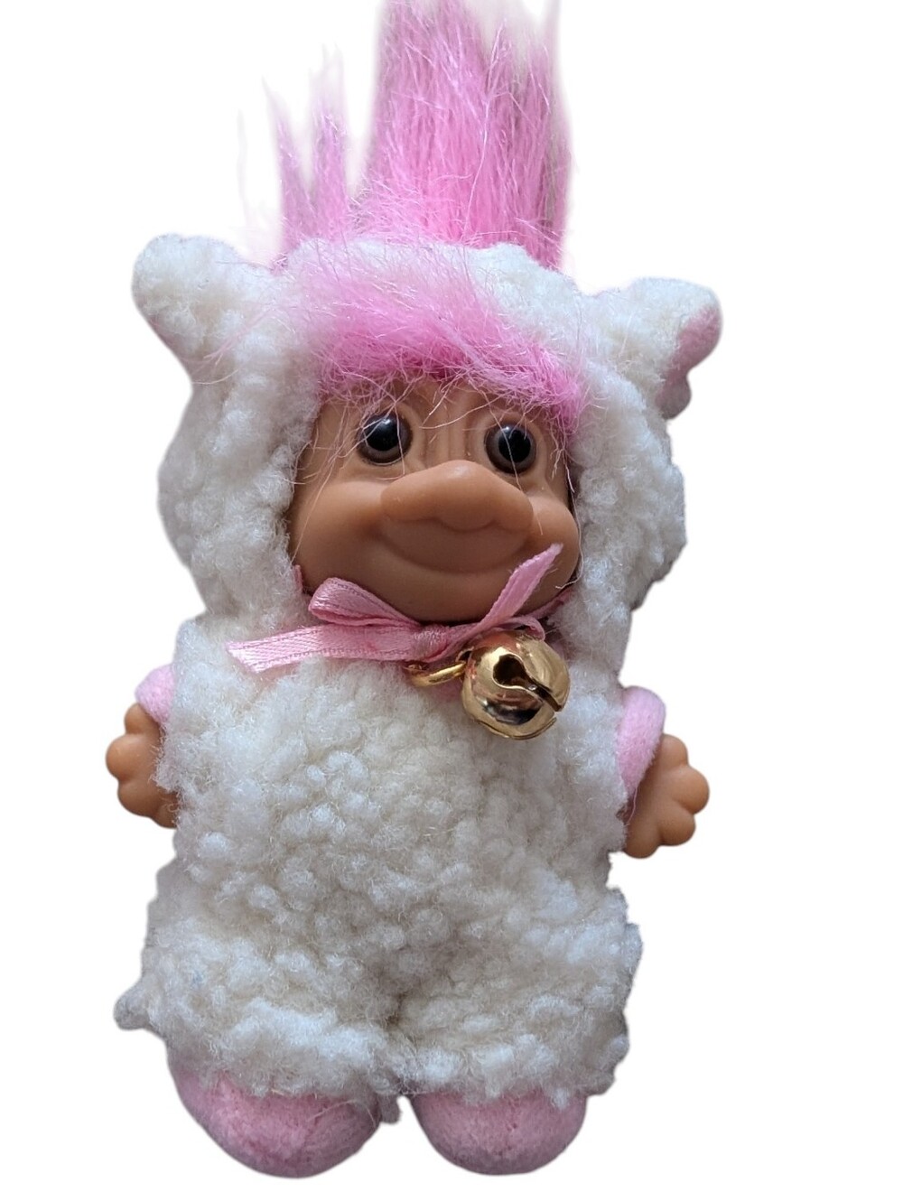 Vintage 1990s Russ Berrie Lamb Costume Troll Doll Pink Hair with Bell Complete